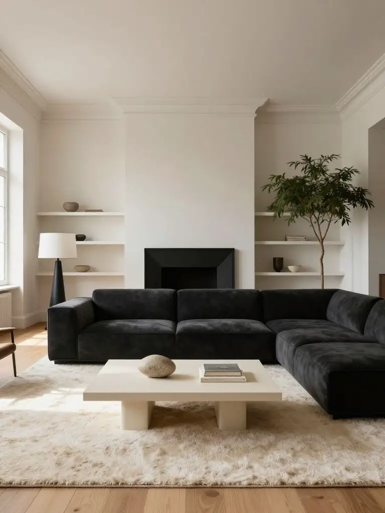 A stylish minimalist living room defined by bold contrast and sculptural simplicity.