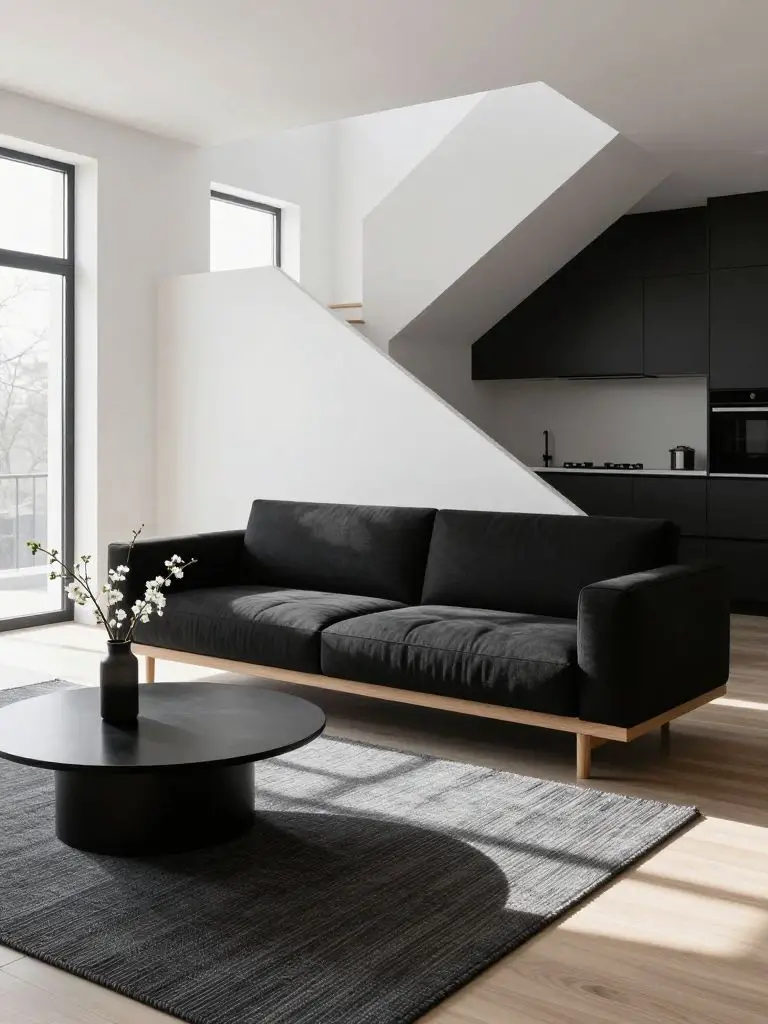 A black and white stylish minimalist living room featuring a sleek black upholstered sofa with light wood framing as the central focal point.