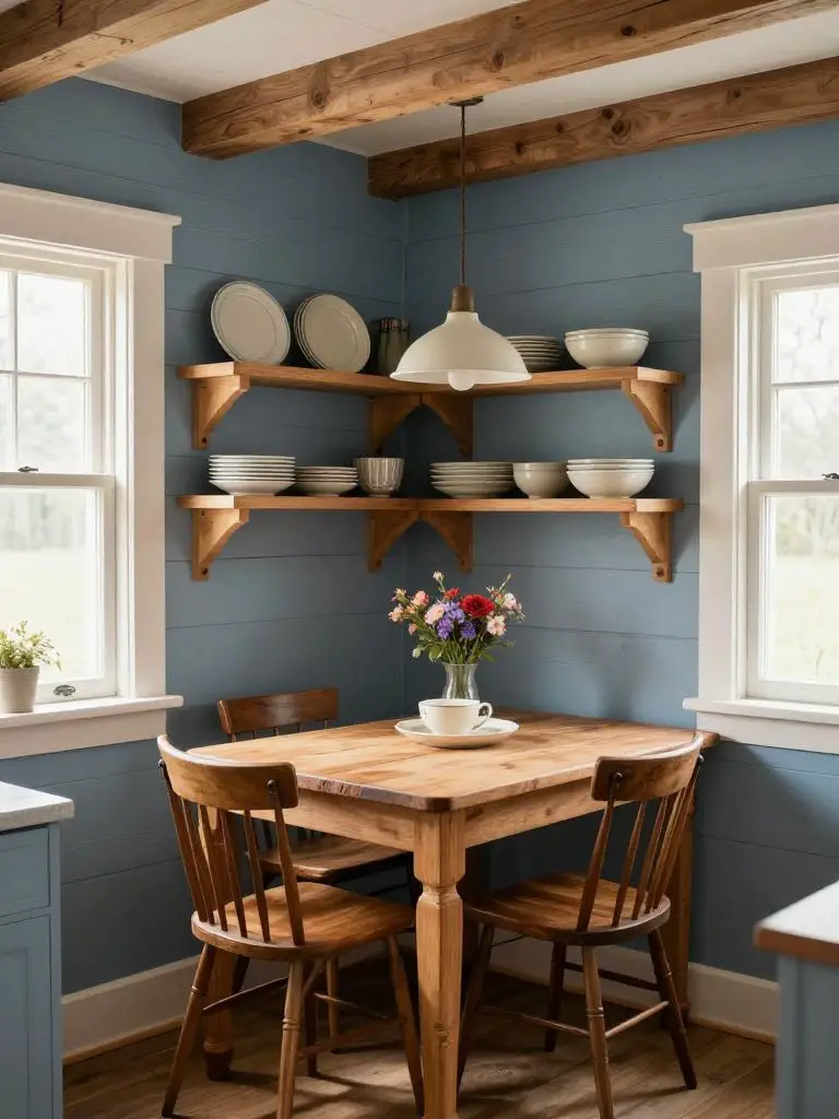 A charming blue-toned cabin kitchen nook styled with cottage-inspired cabin decorating ideas.