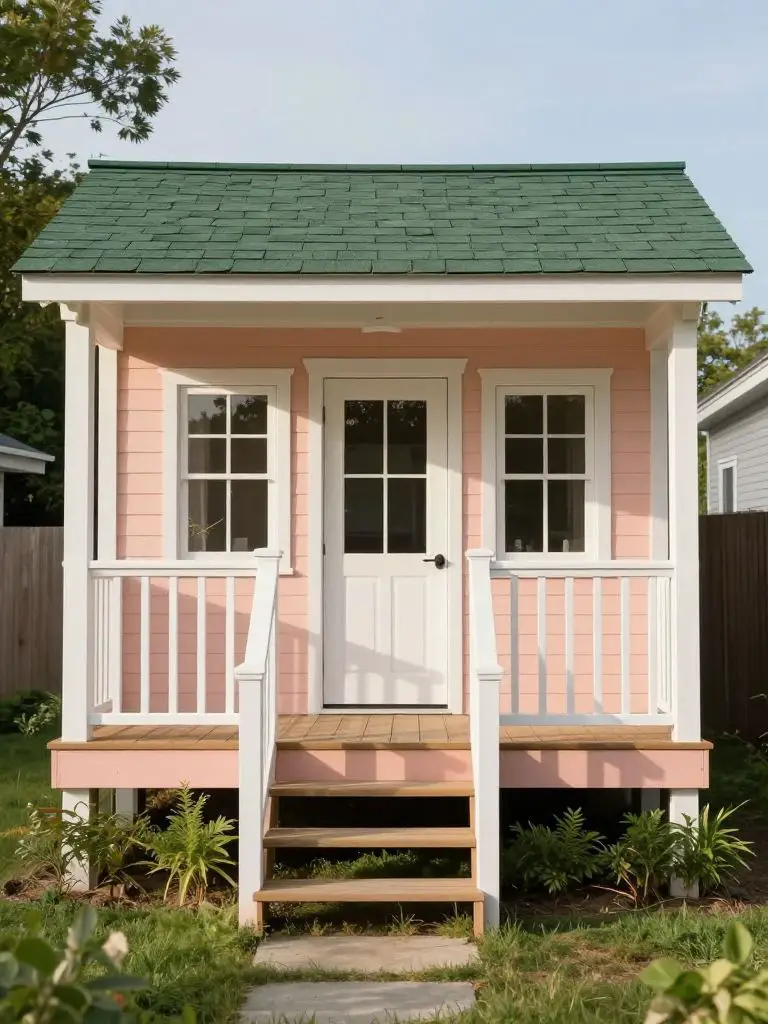 A blush-toned cottage small cabin idea with a raised front deck and symmetrical railing.