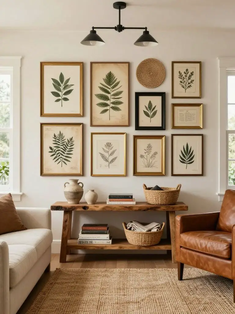 A boho country living room showcasing a curated gallery wall above a rustic wooden console table.