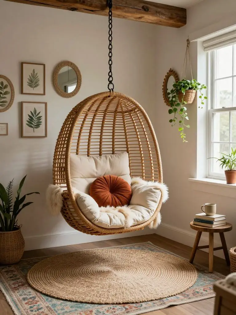 A cozy boho country reading nook centered around a hanging rattan egg chair suspended from a rustic wood ceiling beam.