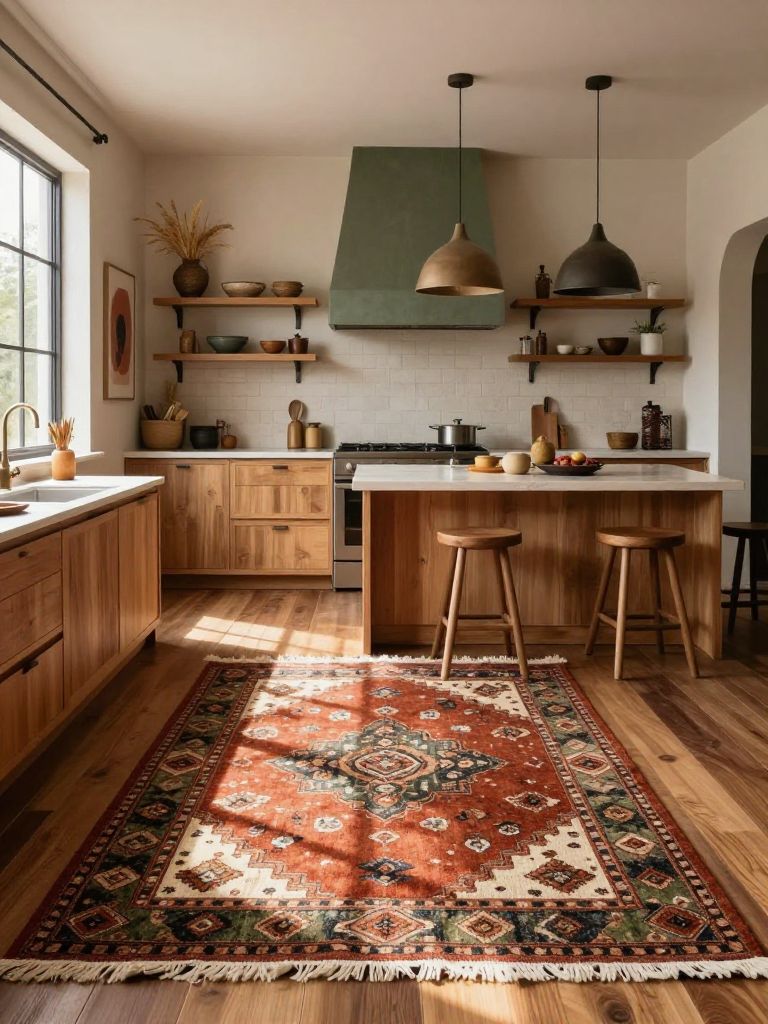 A boho-inspired earthy kitchen infused with warmth through a bold patterned rug in rust, clay, olive, and cream tones layered over rich wood.