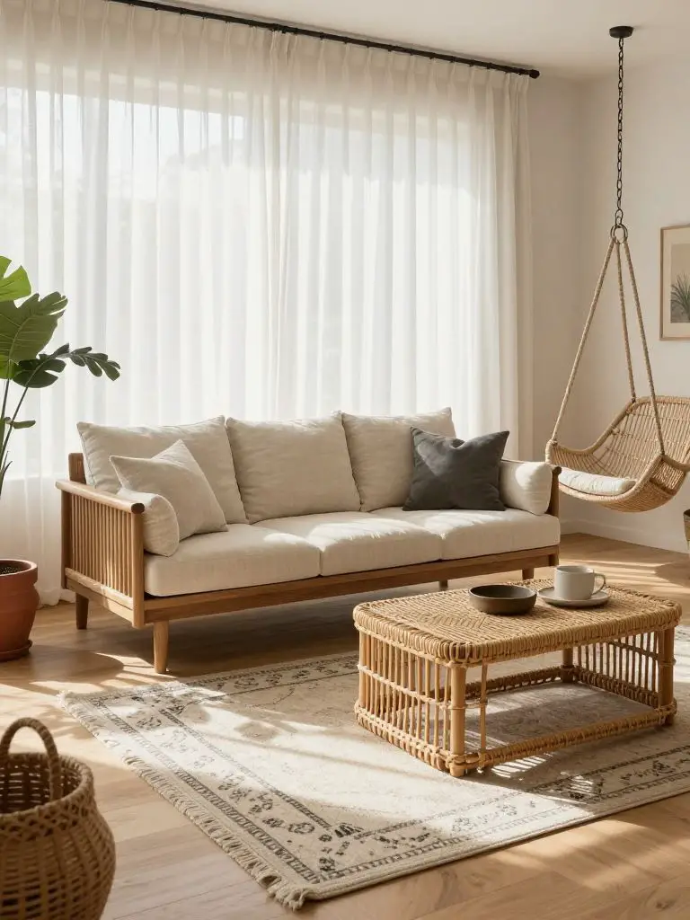 A boho-inspired minimalist neutral living room blending organic wood tones and layered textiles.