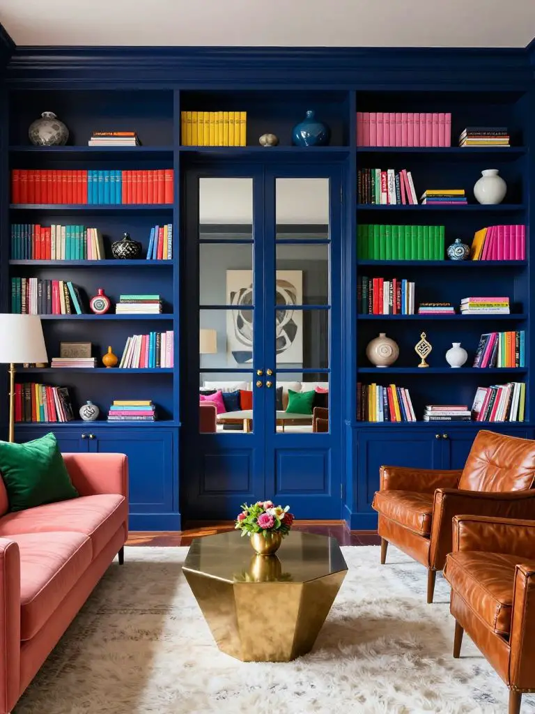 A bold Mexican living room featuring deep cobalt blue built-in bookshelves framing glass-paneled doors at the center of the composition.