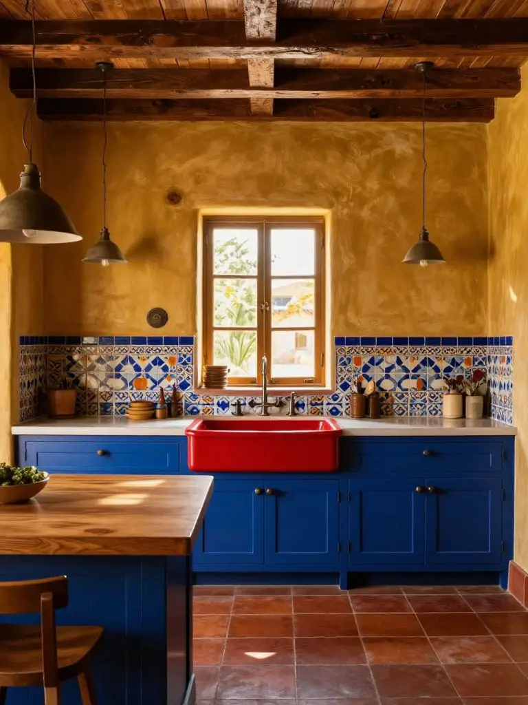 A bold Mexican Hacienda kitchen featuring deep blue lower cabinetry paired with a striking red apron-front farmhouse sink as the focal point.