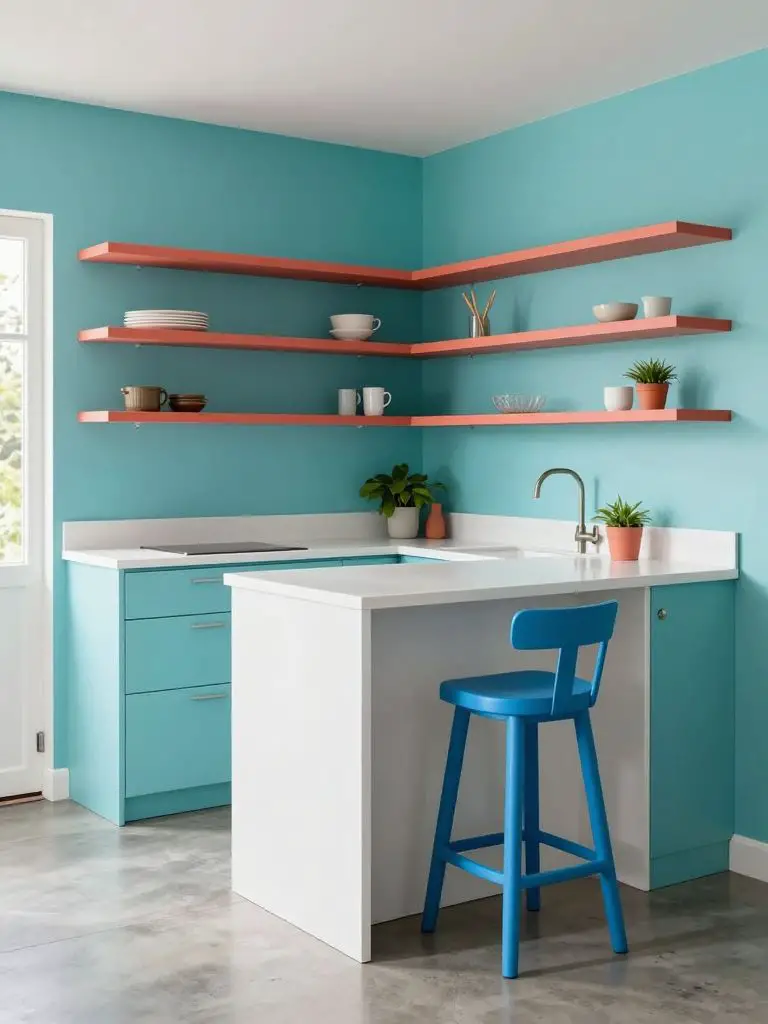 A bold color-blocked tiny home kitchen in a contemporary playful style featuring aqua blue walls and cabinetry contrasted with coral floatin.