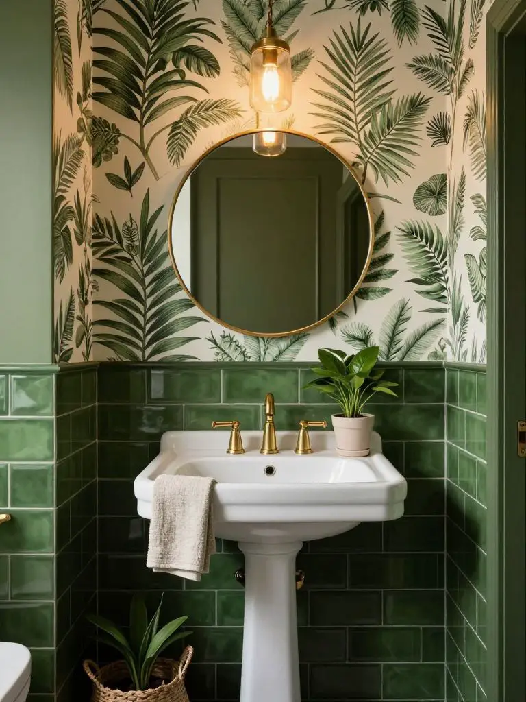 An olive green bathroom featuring bold botanical wallpaper paired with deep green subway tile wainscoting in a Modern Rustic style.