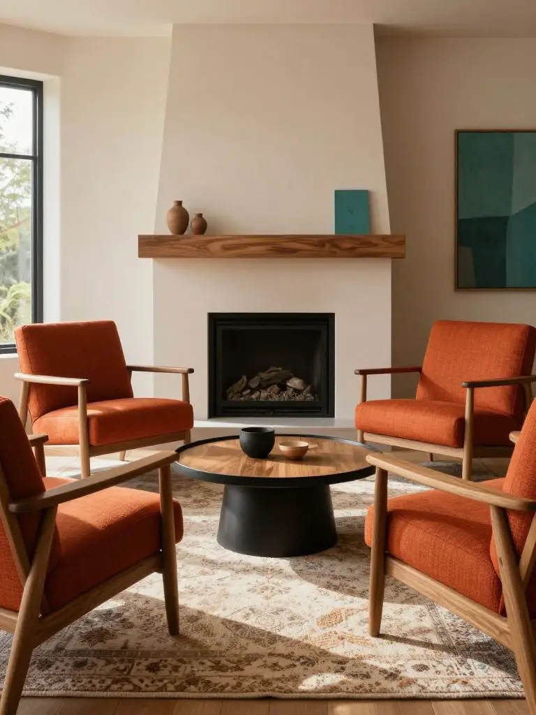 Eco-friendly living room with bold burnt-orange accent chairs crafted with solid wood frames and natural upholstery.