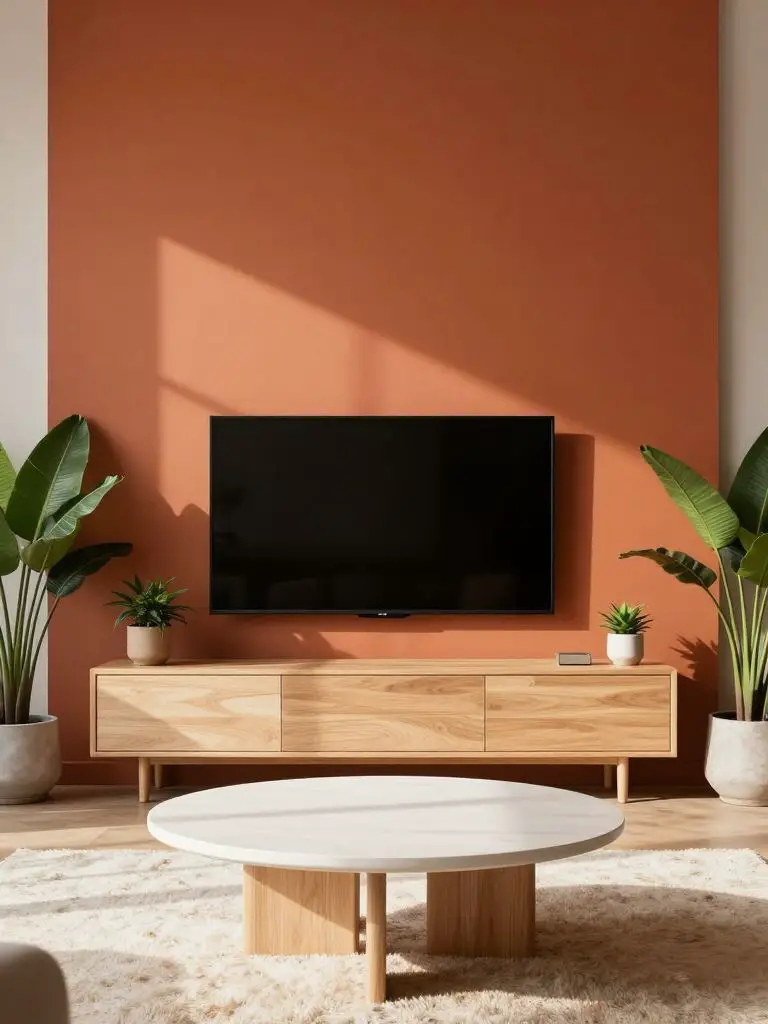 A bold minimalist TV wall with a matte terracotta accent backdrop in a modern warm contemporary style.