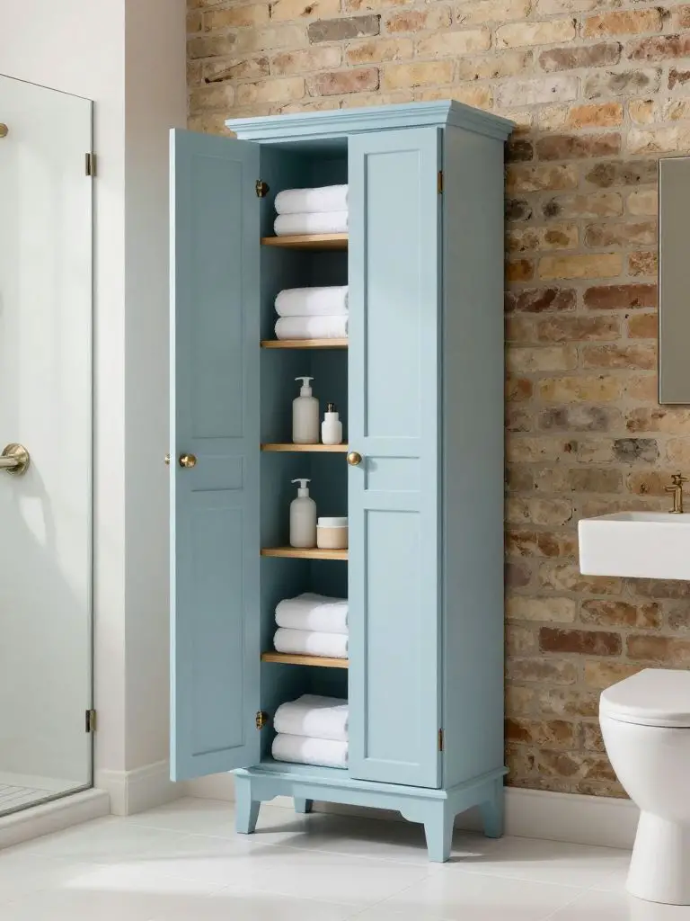 A serene modern bathroom with a soft transitional aesthetic, showcasing a tall powder-blue freestanding storage cabinet beside a warm expose.