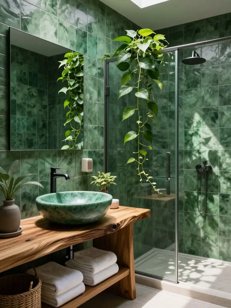A botanical emerald bathroom featuring deep green textured tile walls and a glass-enclosed shower draped with trailing pothos vines.