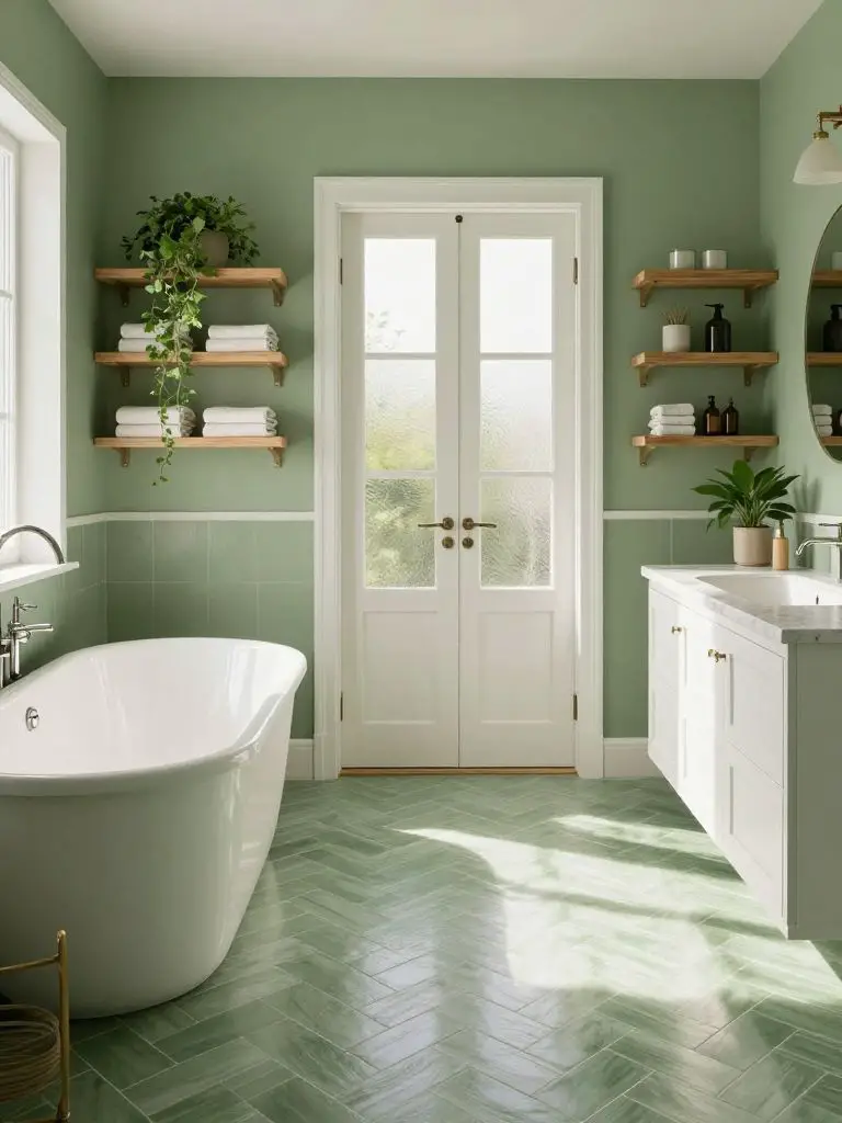 A botanical-inspired sage green bathroom featuring a freestanding white tub placed left of frame on glossy sage herringbone tile flooring.