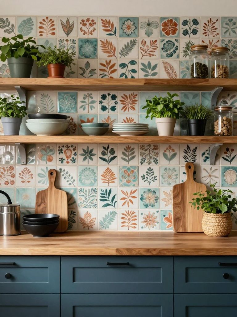 An earthy kitchen defined by patterned botanical ceramic tiles in muted teal, terracotta, and cream behind open natural wood shelving.