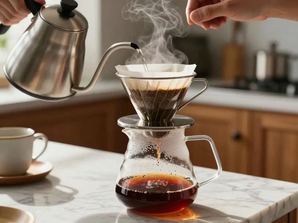 Capture an ultra-, hyper-detailed close-up of a person brewing coffee with a stainless steel permanent filter in a bright, sunlit kitchen at.