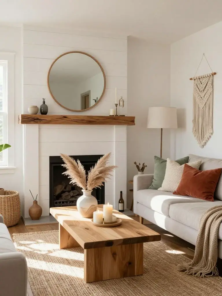 A bright boho country living room centered around a white shiplap fireplace with a chunky natural wood mantel.