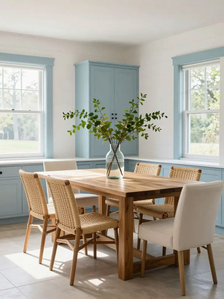 A bright and inviting cabin dining space styled with relaxed, nature-inspired cabin decorating ideas.