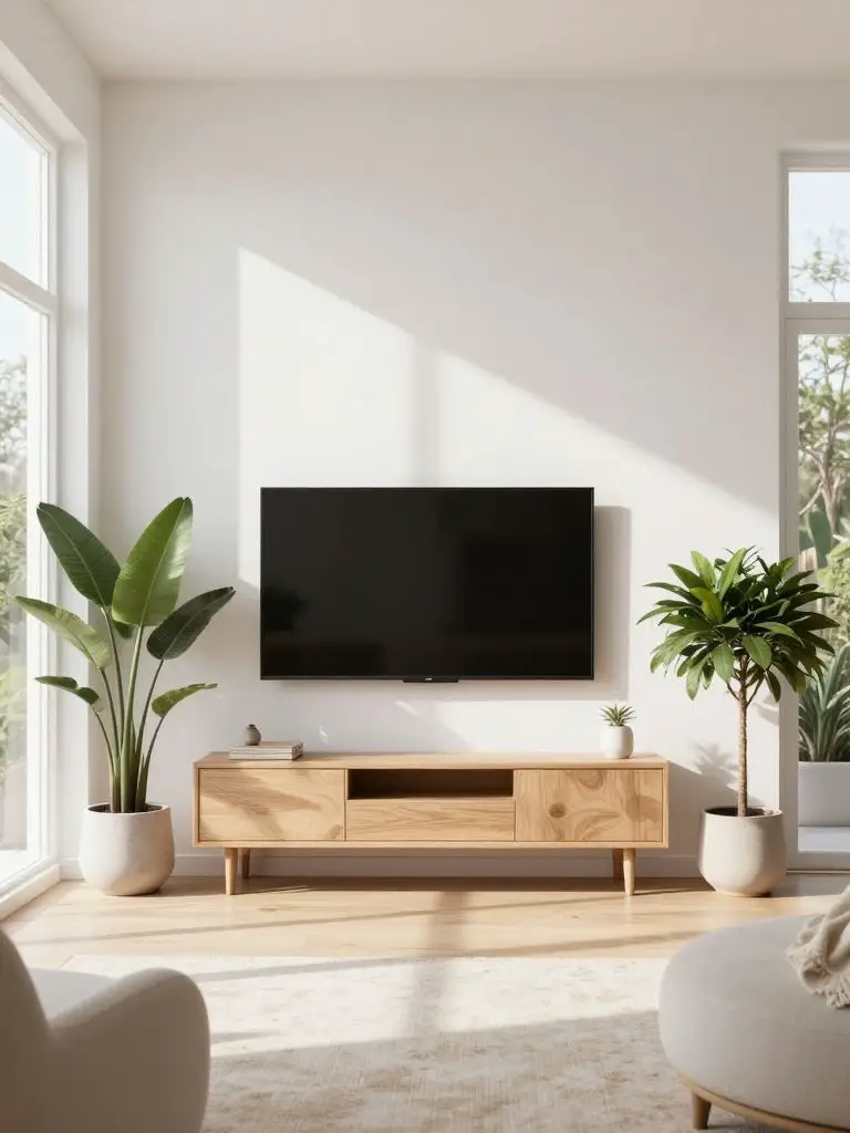 A bright minimalist corner TV wall positioned between large windows, maximizing natural daylight.