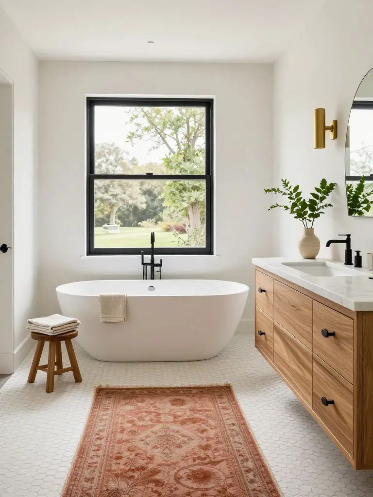 A bright modern earthy bathroom featuring a sculptural freestanding tub centered beneath a black-framed window.