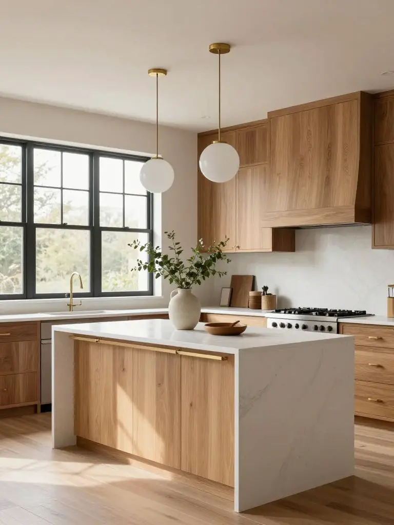 A bright modern earthy kitchen blending mixed wood cabinetry and a crisp white island in a Warm Minimalist style.