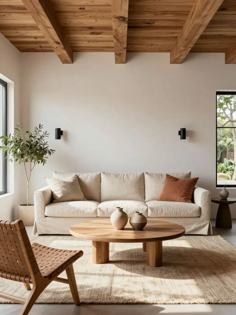 A bright modern earthy living room with exposed wood beam ceiling and white plaster walls in a Warm Minimalist + Modern Rustic blend.