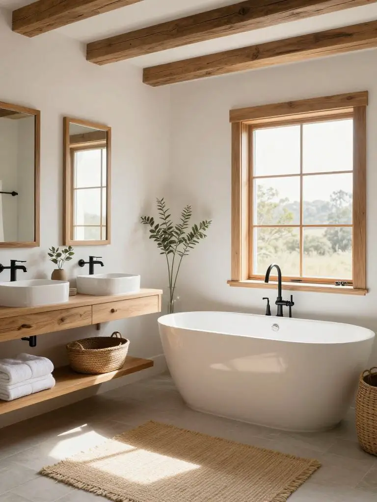 A bright farmhouse-inspired modern rustic bathroom featuring a freestanding white soaking tub positioned near a wood-trimmed window.