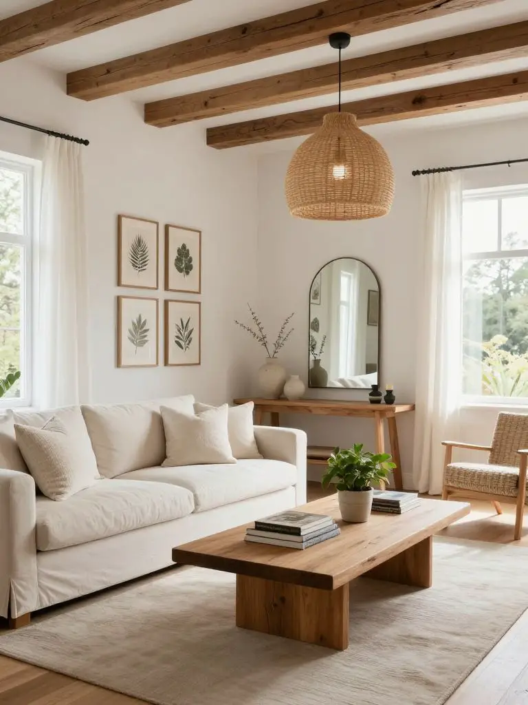 A bright farmhouse boho living room with exposed honey-toned wood ceiling beams and crisp white walls.