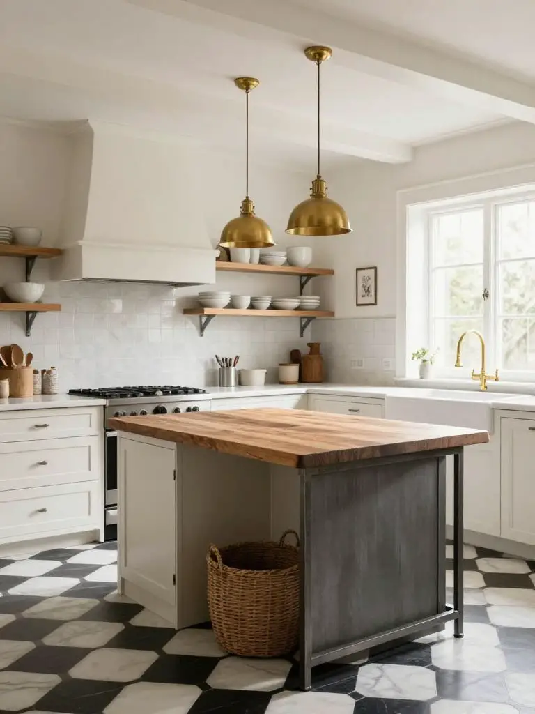 A bright farmhouse kitchen in Contemporary Rustic style centered on a movable island with a butcher block top and metal frame base.