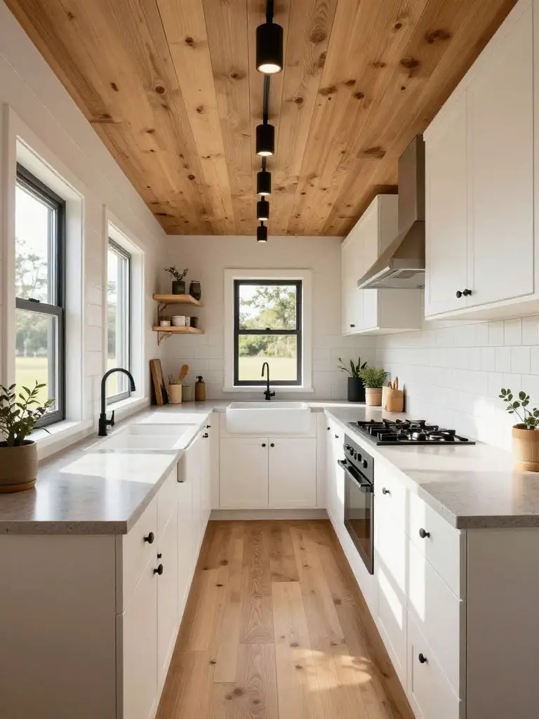 A bright galley-style off grid tiny house kitchen designed in warm minimalist and Scandinavian-rustic fusion.