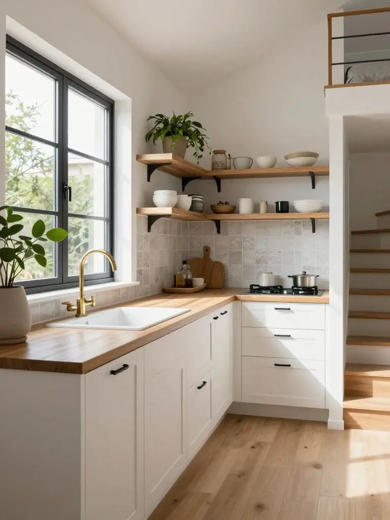 A bright lofted tiny home kitchen in Warm Minimalist style featuring white shaker cabinetry, a wood countertop, and patterned cement tile ba.