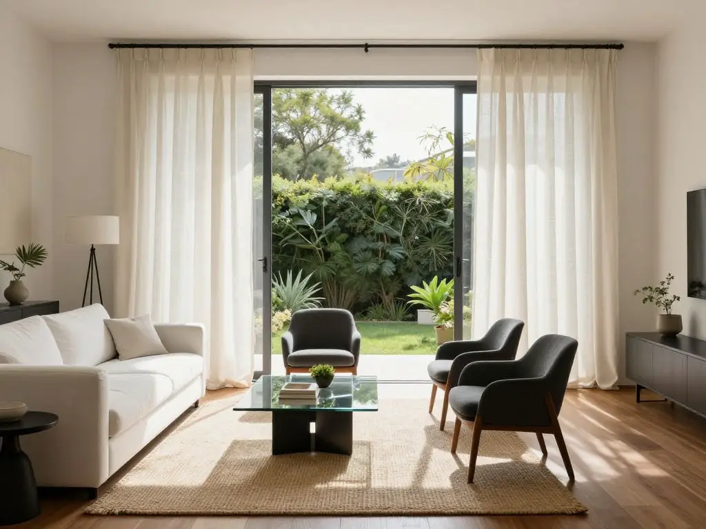 A bright minimalist living room anchored by expansive sliding glass doors dressed in full-length ivory linen curtains.