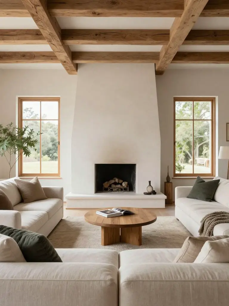 A bright modern rustic living room with a light plaster fireplace wall, exposed wood ceiling beams, and layered neutral furnishings.