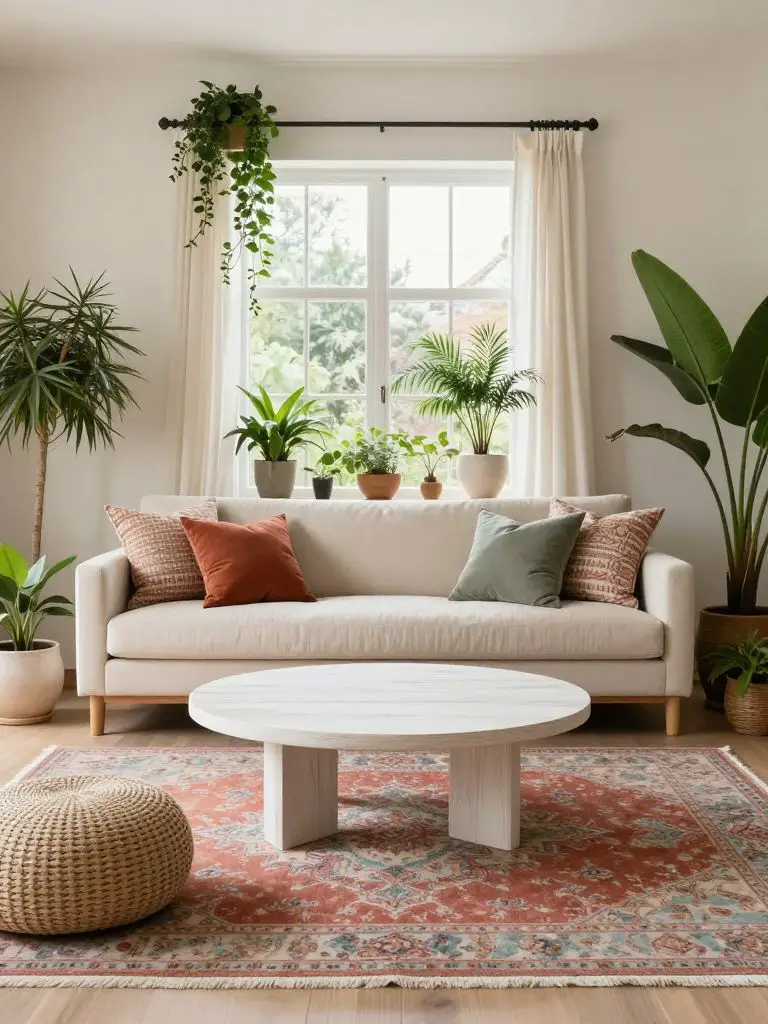 A bright minimalist neutral living room featuring a cream sofa layered with patterned rust and sage accent pillows, positioned beneath a lar.