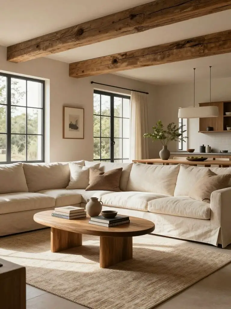 A bright open-concept modern earthy living room anchored by a creamy linen sofa and rustic exposed wood beam overhead.