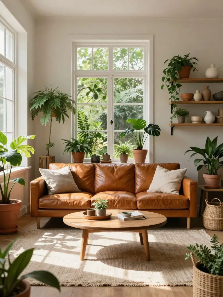 A bright plant-filled eco friendly living room with warm caramel leather seating as the hero subject.