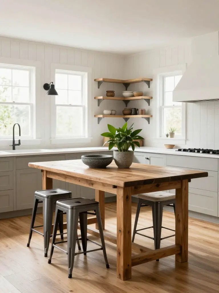 A bright rustic kitchen in Light Farmhouse style featuring vertical white shiplap walls and open shelving as the defining backdrop.