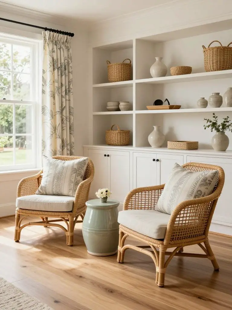 A bright rustic sitting area designed in Coastal Rustic style featuring woven rattan lounge chairs with neutral patterned cushions as the fo.