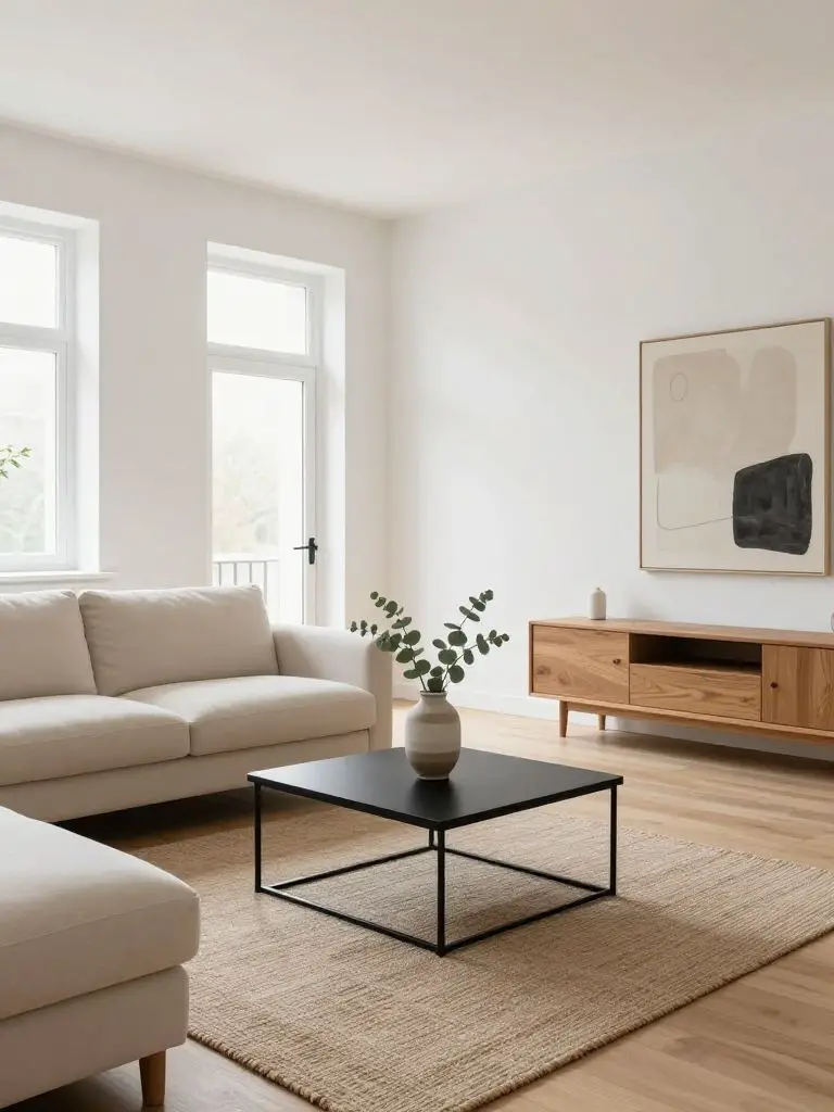 A bright Scandinavian-inspired minimalist living room with a neutral cream sofa positioned along the left wall.
