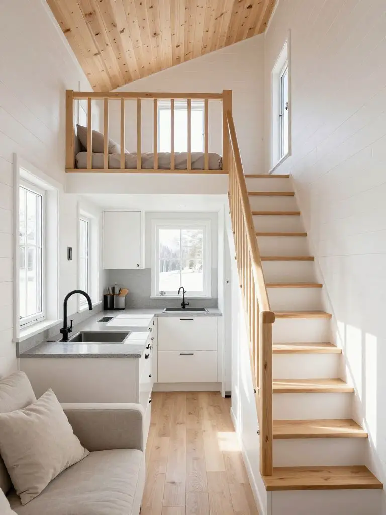 A bright Scandinavian-inspired tiny cabin with white shiplap walls and natural pine ceiling panels.