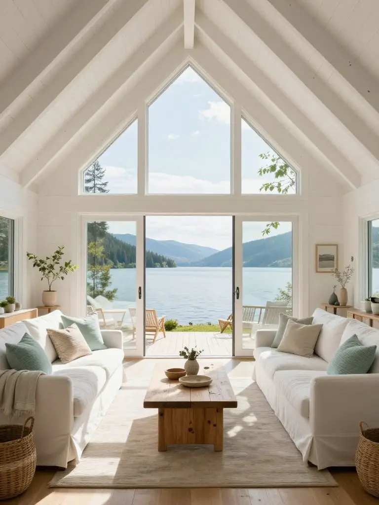 A bright mountain cabin living room with soaring white vaulted ceilings and expansive glass doors opening to serene lake views.