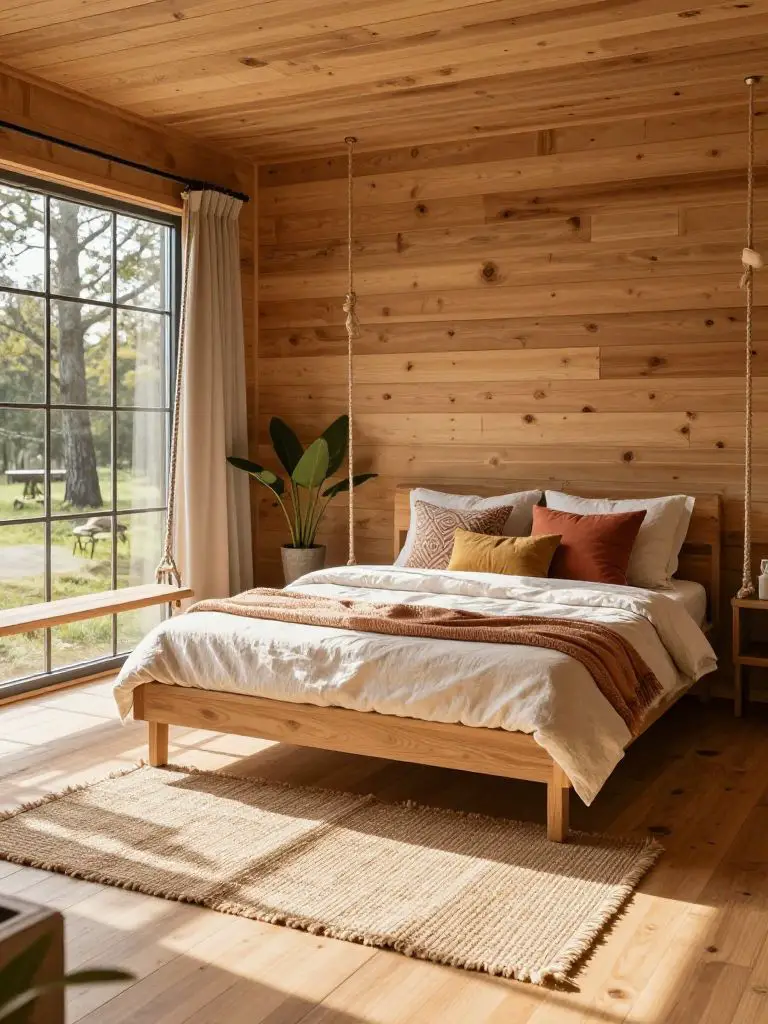 A bright woodland off grid cabin bedroom styled in Modern Rustic with subtle boho touches.