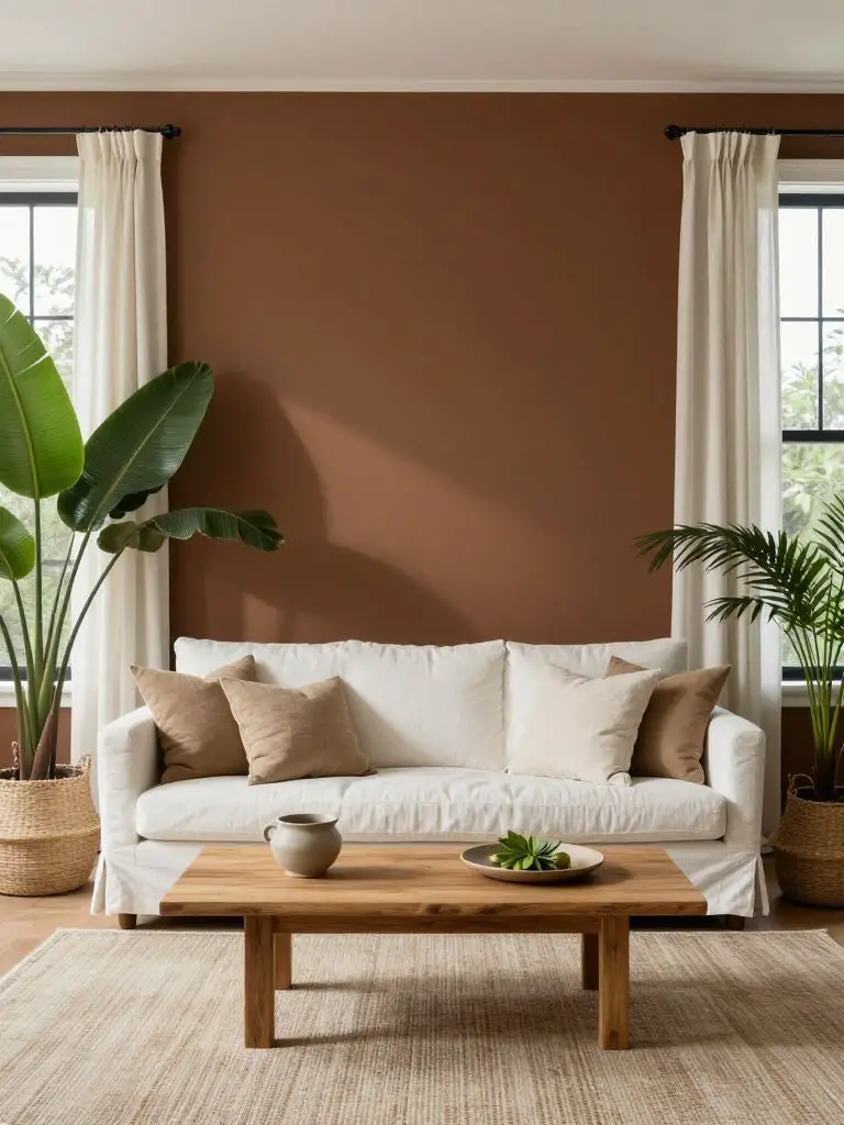A modern cozy earthy living room featuring a rich warm brown accent wall contrasted by crisp white trim and long ivory curtains.