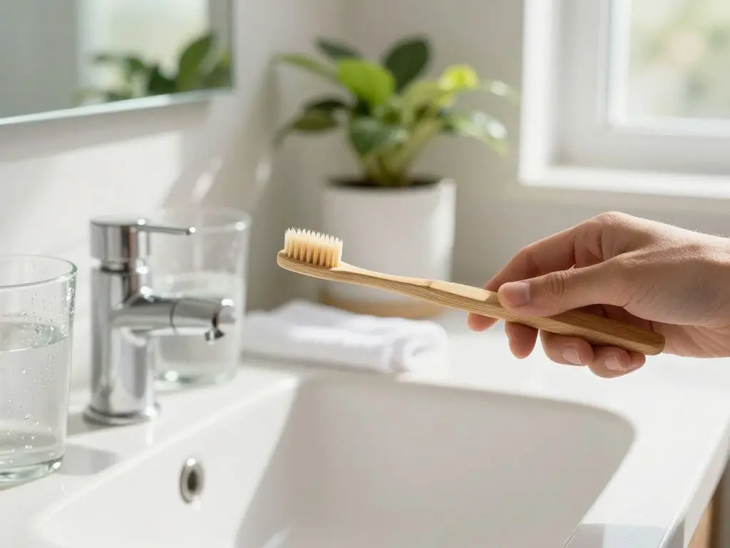 Photograph an eco-friendly morning routine as a person brushes their teeth with a biodegradable bamboo toothbrush in a sunlit bathroom at 7A.