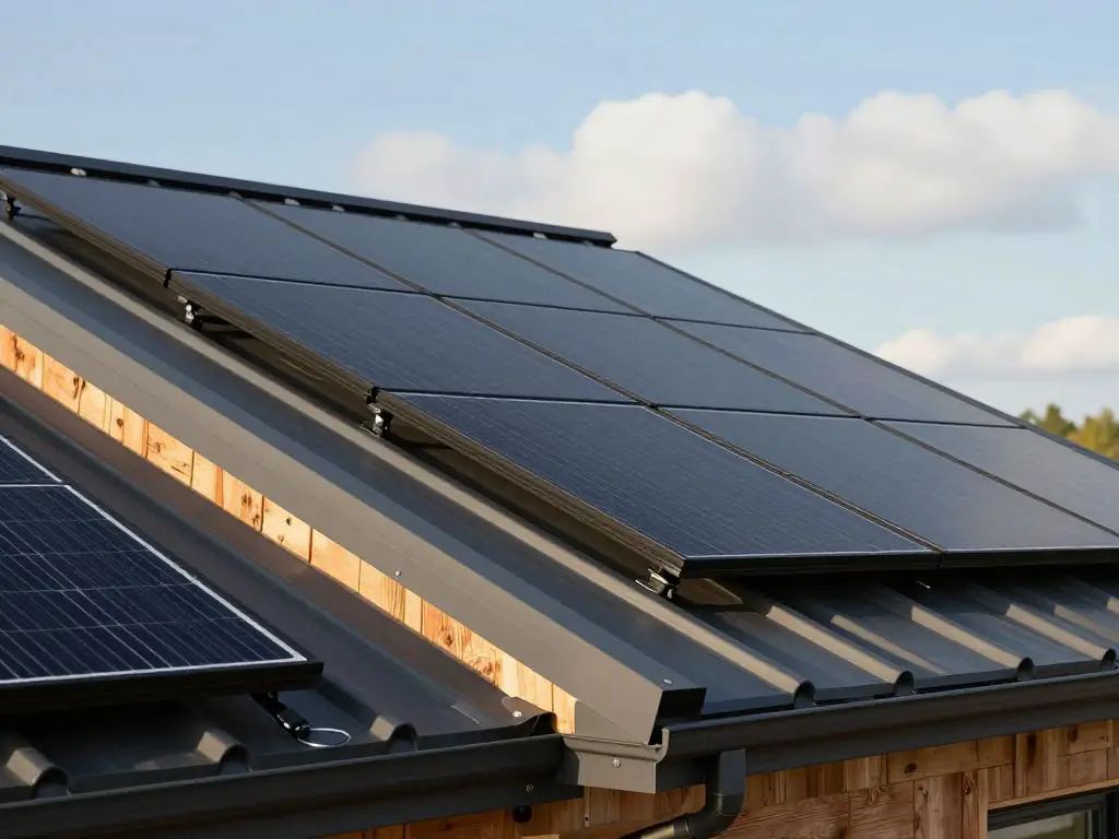 Exterior photograph of a contemporary solar panel installation on a modern shed roof, featuring clean rows of matte black photovoltaic panel.
