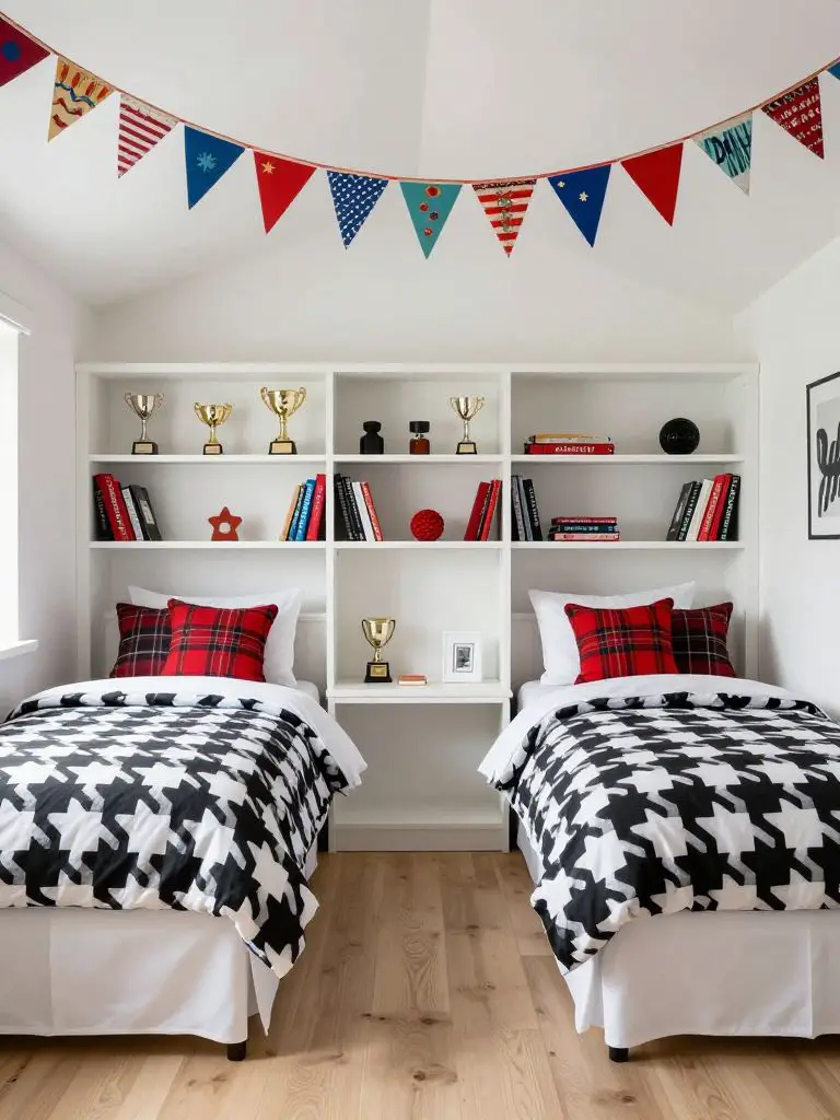 A sporty shared kids’ bedroom with playful modern rustic styling, featuring two twin beds symmetrically placed beneath a built-in white shel.