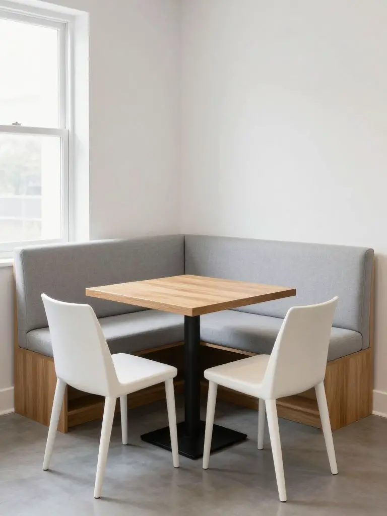 interior photography of built-in corner banquette seating in light gray upholstery, small rectangular wooden table, two simple white chairs.