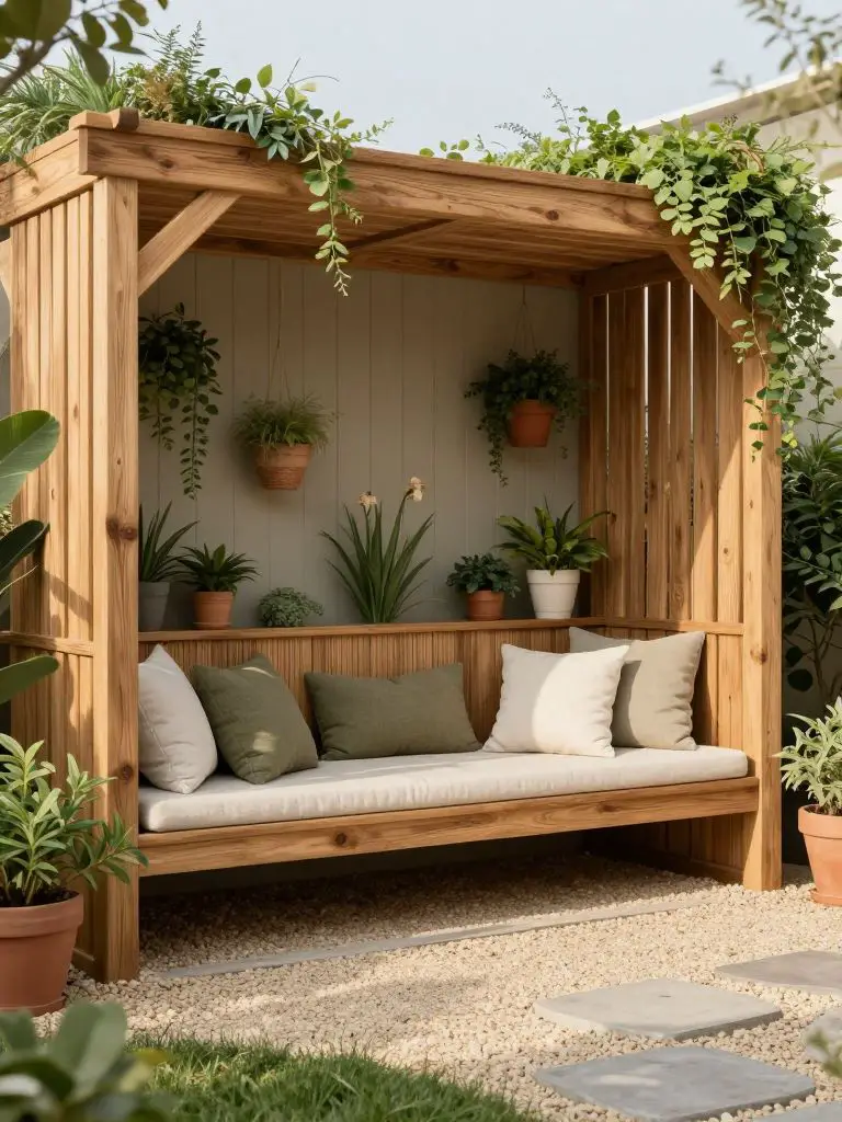 A built-in wooden canopy bench structure positioned along a small lawn edge, featuring a slatted back wall with hanging potted plants and ov.