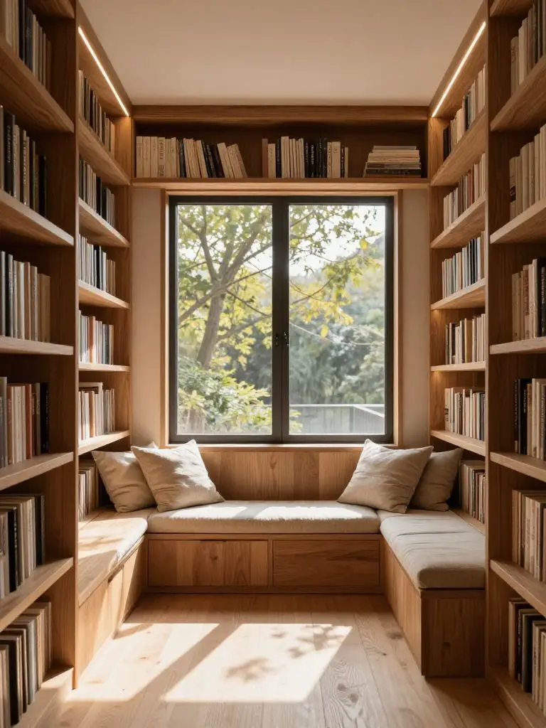A cozy Japanese Scandinavian built-in library corner with floor-to-ceiling oak shelving and a cushioned window seat.