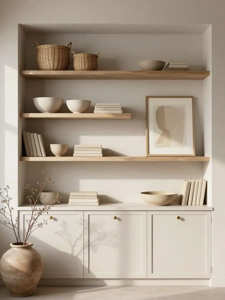 A neutral minimalist built-in shelving wall styled with organic decor and warm white cabinetry as the focal composition.