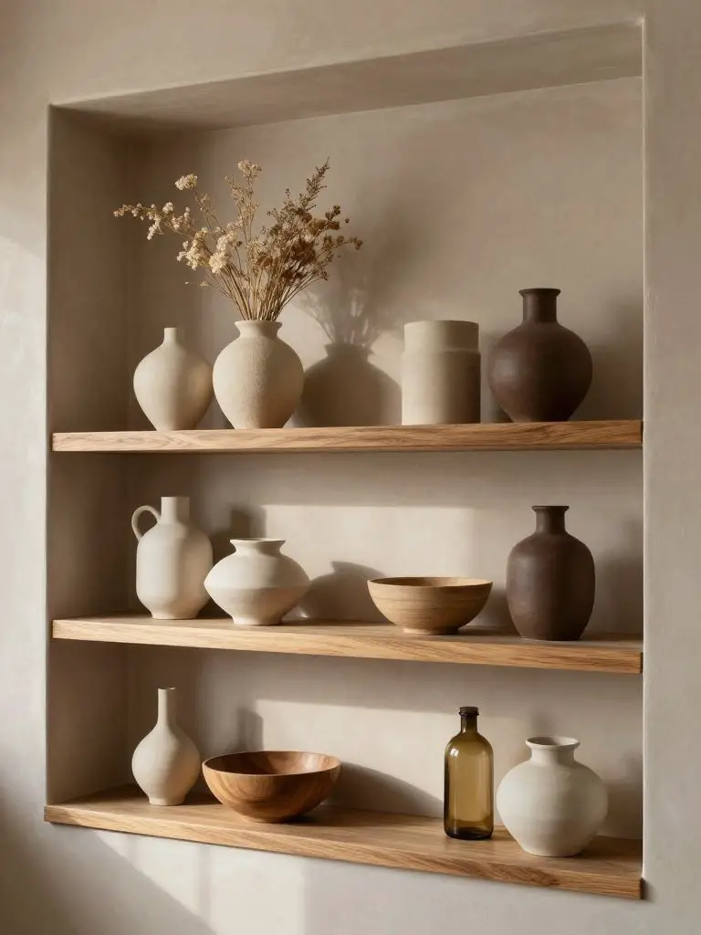 A built-in wall niche featuring eco conscious styling with layered wooden shelves in warm oak tones.